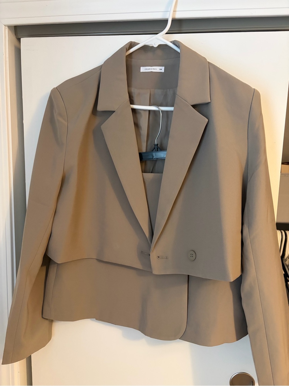Charcoal Cropped Taupe Blazer Jacket and Skirt
